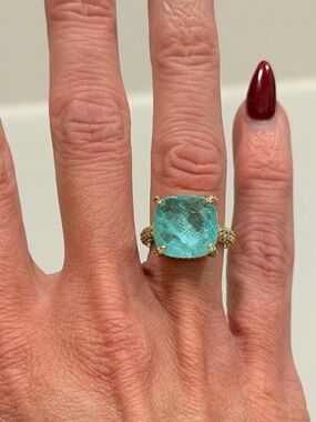 Bomb Party NWOT! Gold Ring with Large Aquamarine Cushion Stone - Teal Sz 6